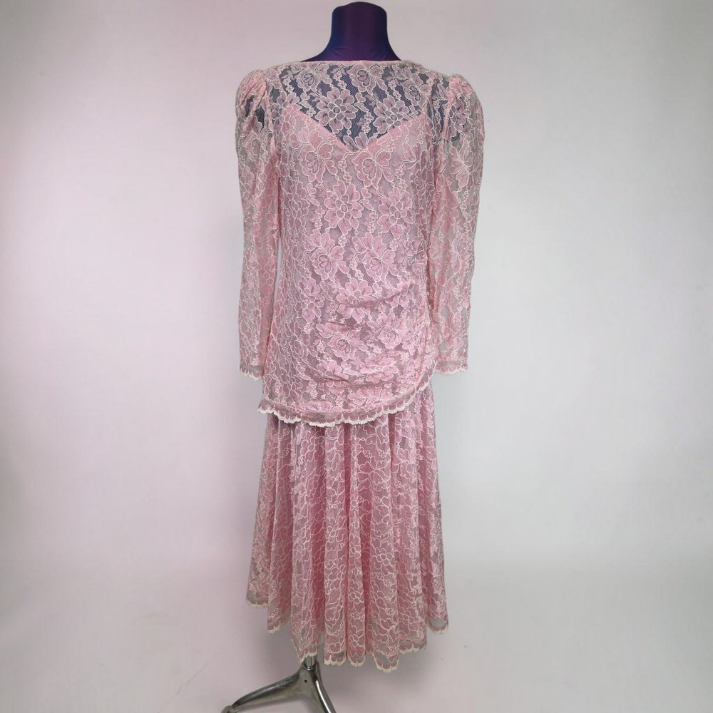 Pat Richards 80s Pink Floral Lace Midi Dress Rhinestone Trim Size 10 Vintage